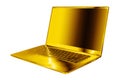 Golden laptop blank screen white background isolated close up side view, gold metal computer, open empty display, modern notebook Royalty Free Stock Photo