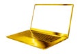 Golden laptop blank screen white background isolated close up side view, gold metal computer, open empty display, modern notebook Royalty Free Stock Photo