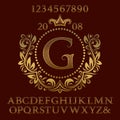 Golden lattice patterned letters and numbers with initial monogram in coat of arms form. Decorative font and elements kit for logo Royalty Free Stock Photo