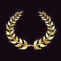 Golden Laurel wreath with glitter, specks of light on an isolated black background. Symbol of victory, triumph. Vector element.