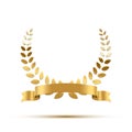 Golden laurel wreath with ribbon. Vector luxury design element.