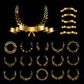 Golden laurel wreaths and ribbons set on black background. Set of foliate award wreath for championship or cinema