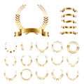 Golden laurel wreaths and ribbons set on white background. Set of foliate award wreath for championship or cinema Royalty Free Stock Photo