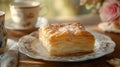Golden Layered Pastry Dessert On Plate With Tea Cup Royalty Free Stock Photo