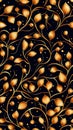 Golden leaf pattern with swirling branches and round buds on black background, elegant and decorative seamless design Royalty Free Stock Photo
