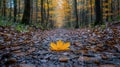A golden leaf stands out on the brown forest trail in autumn Royalty Free Stock Photo