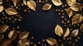 Golden Leaves and Coffee Beans Frame on Black Background Royalty Free Stock Photo
