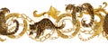 Golden leopard baroque seamless pattern. Watercolor vintage gold lace ornament. luxury textile print
