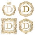 Golden letter D vintage monograms set. Heraldic coats of arms, round and square frames