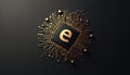 Golden letter e on black chip integrated with motherboard circuit paths. Digital tech abstract background design. Electronic Royalty Free Stock Photo