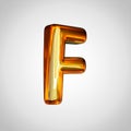 Golden letter F uppercase with fire reflection isolated on white background