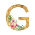 Golden letter G of the English alphabet with a watercolor bouquet of tropical leaves and flowers. Hand-drawn vector