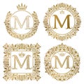 Golden letter M vintage monograms set. Heraldic coats of arms, round and square frames