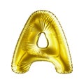 Golden letter A made of inflatable balloon isolated on white background.