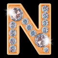 Golden letter N with diamonds. 3D rendering Royalty Free Stock Photo