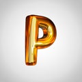 Golden letter P uppercase with fire reflection isolated on white background