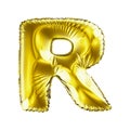 Golden letter R made of inflatable balloon isolated on white background.