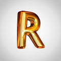 Golden letter R uppercase with fire reflection isolated on white background