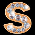 Golden letter S with diamonds. 3D rendering Royalty Free Stock Photo