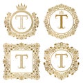 Golden letter T vintage monograms set. Heraldic coats of arms, round and square frames