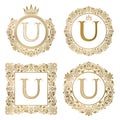 Golden letter U vintage monograms set. Heraldic coats of arms, round and square frames