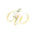 Golden letter W decorated with watercolor calla flower and eucalyptus