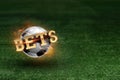 Golden Lettering Bets with soccer ball and green lawn background. Bets, sports betting, watch sports and bet Royalty Free Stock Photo