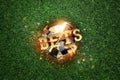 Golden Lettering Bets with soccer ball and green lawn background. Bets, sports betting, watch sports and bet. flat lay, top view Royalty Free Stock Photo