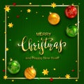 Christmas Lettering on Green Knitted Background with Balls and S Royalty Free Stock Photo