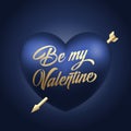 Golden Lettering Valentines Day Greetings. Vector Blue Heart Symbol with Arrow on Dark Blue Background. Classy Card or Royalty Free Stock Photo