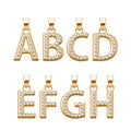 Golden letters with diamonds abc pendants set. Vector illustration. Royalty Free Stock Photo