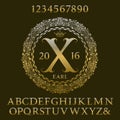 Golden letters and numbers with initial monogram. Royal font Royalty Free Stock Photo