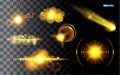 Set of realistic golden sparkling light or spark shining star sun particles or light with lens flare or sparkling glitter flash. Royalty Free Stock Photo