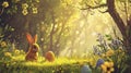 Golden light bathes rabbit and Easter eggs in forest Royalty Free Stock Photo