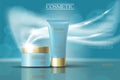 Golden light blue skincare cream package cosmetics ads. Realistic 3d illustration promotion poster. Flying delicate defocus