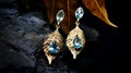 Golden Light Blue Topaz Leaf Earrings - Himalayan Art Inspired