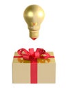 Golden light bulb above golden gift box with red bow. Front view Royalty Free Stock Photo