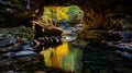 Golden Light: A Captivating Cave Stream With Fallen Leaves