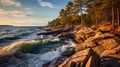 Golden Light: Captivating Scenic Shoreline With Rocky Shore And Waves Royalty Free Stock Photo