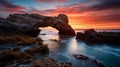 The golden light of dawn reflects on a sea arch