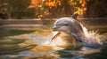 Golden Light Dolphin Jumping In Tranquil Gardenscapes Royalty Free Stock Photo