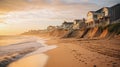 Golden light of dusk bathes beach houses perched on a sandy cliff overlooking the ocean