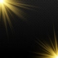 Golden light effect on dark background. Bright flares. Gold rays. Magic explosion. Sunlight. Christmas light. Vector illustration Royalty Free Stock Photo