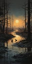 Golden Light: Hyperrealistic Sunset Over Marsh With Ducks