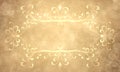 Golden light ornate background with curls and patterns, with a frame for text. Magic rich background banner