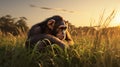 Golden Light: Photorealistic Rendering Of A Chimpanzee Grazing In A Field