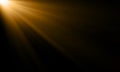 Golden light ray sun beam vector background. Abstract gold light flash spotlight backdrop with golden sunlight shine on black Royalty Free Stock Photo