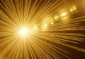 Golden light rays exploding outward through digital data streams abstract background Royalty Free Stock Photo