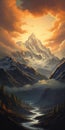 Golden Light: A Richly Detailed Fantasy Illustration Of A Majestic Mountain Range