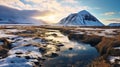 Golden Light: Snowy Mountains And Stream In Arctic Wetland